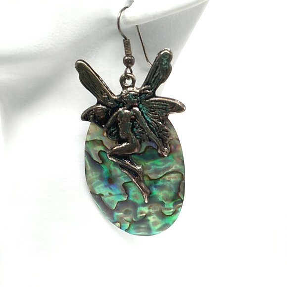 Abalone Shell Fairy Design Dangle Earrings Unique - Picture 10 of 12